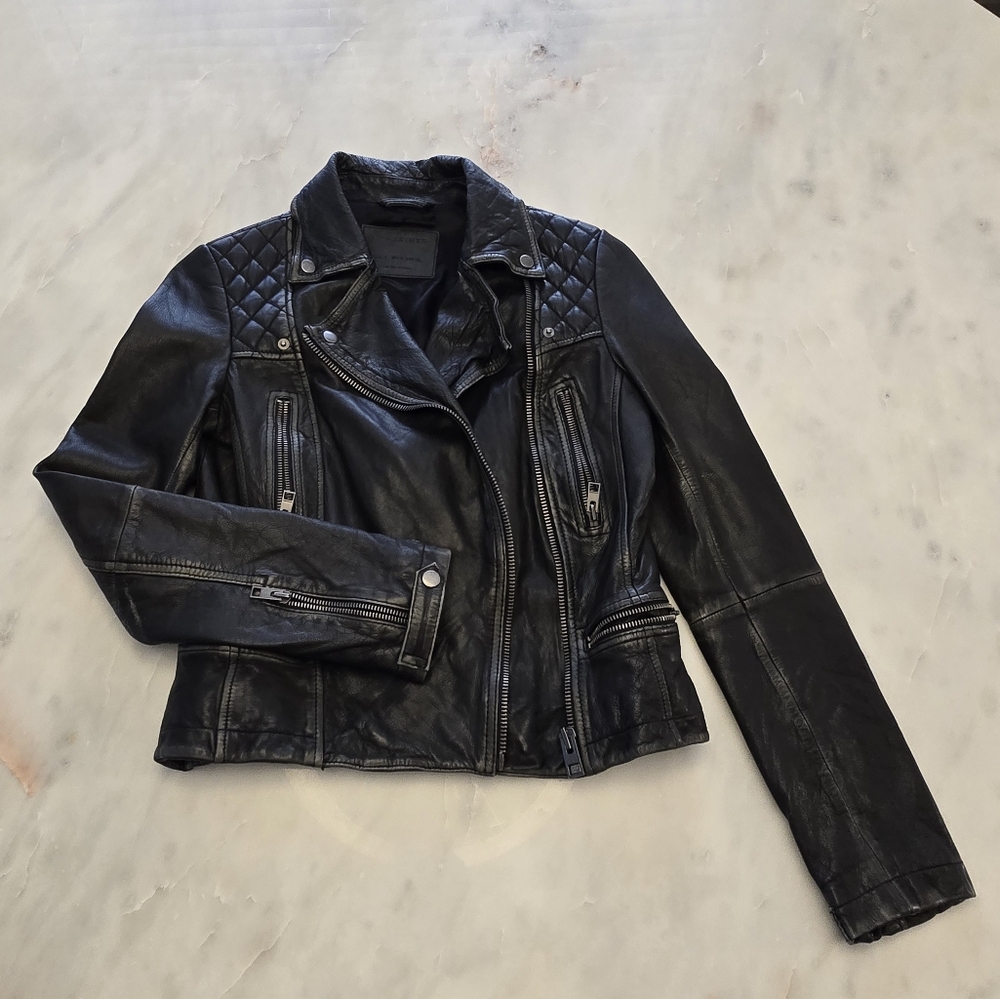 All Saints Cargo Distressed Leather Biker Jacket US4